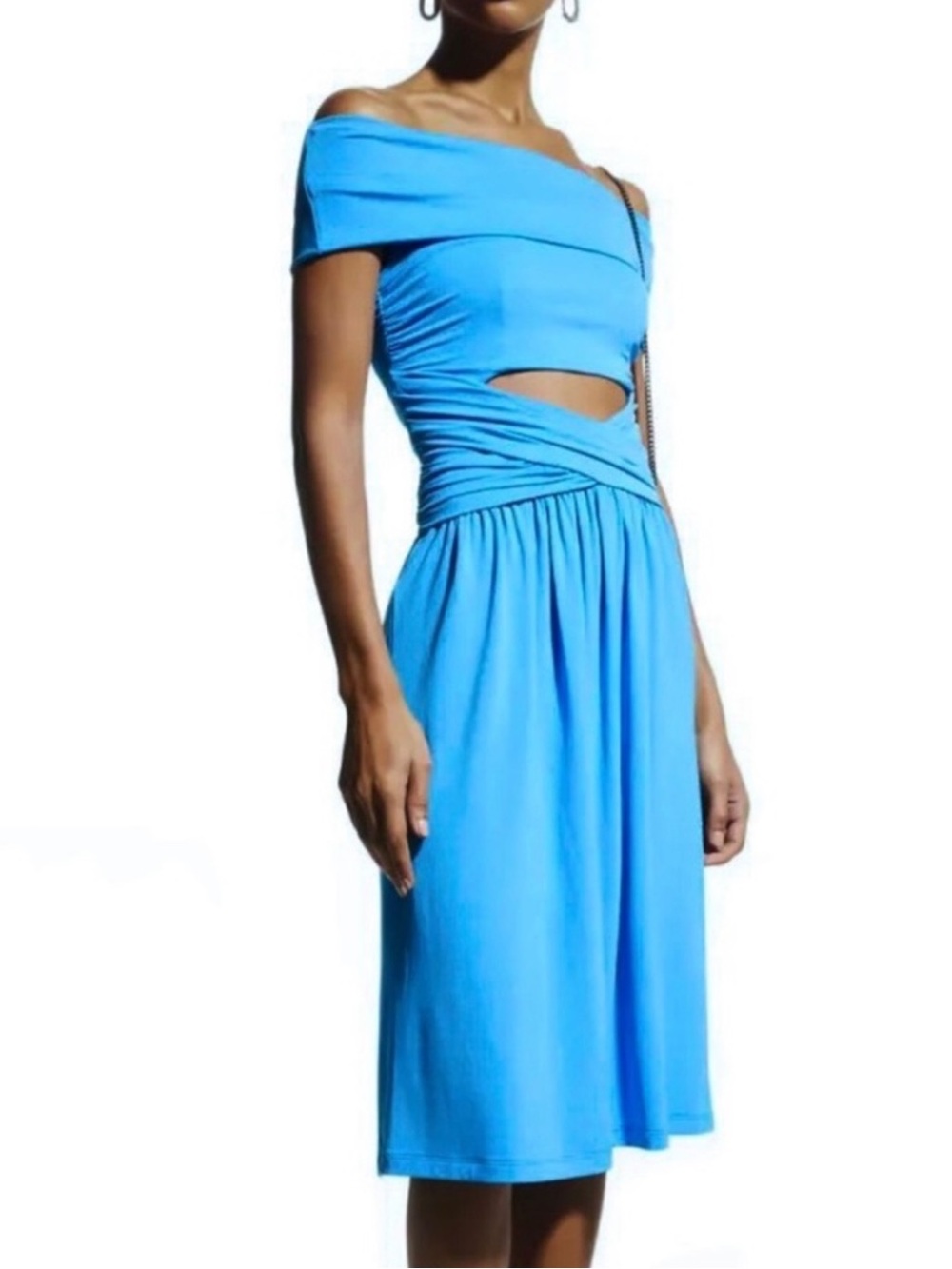 NEW ALBERTA FERRETTI BLUE OFF-THE-SHOULDER MIDI DRESS